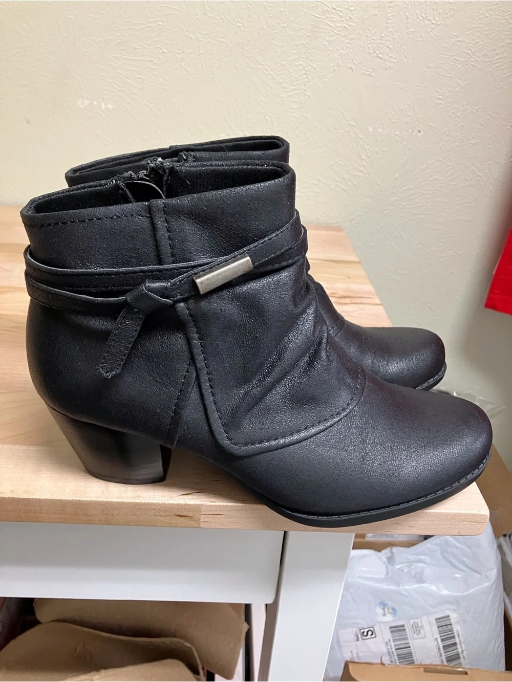 BareTraps Black Faux Leather Ankle Booties with Wrap Strap Detail